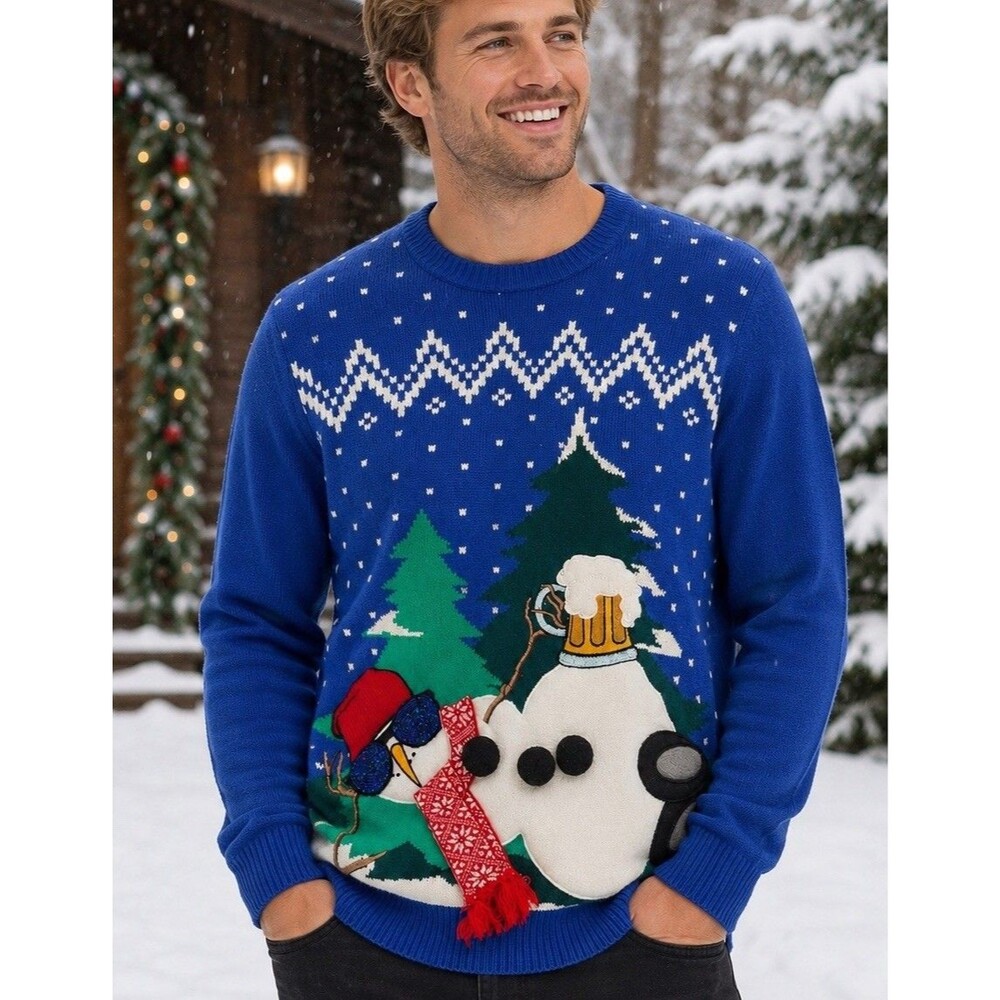 Ugly Snowman Christmas Sweater Blue Men's Medium Beer Jolly Sweaters